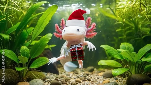 Axolotl in santa hat with present