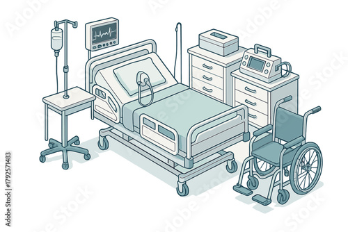 Hospital patient room setup with adjustable bed, vital signs monitor, and wheelchair