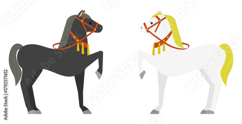 片足を挙げあう、黒い馬と白い馬