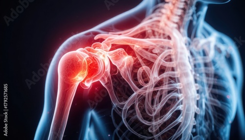 3D rendered illustration of a human body and skeleton with a blue medical X-ray scan showing anatomy of the spine, brain, and joints for health and science