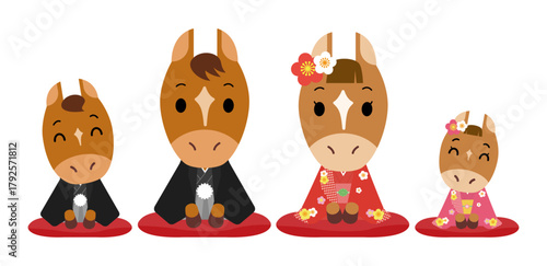 にこやかな着物を着たウマの家族　セット