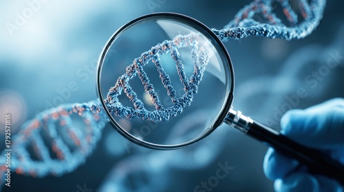 A magnifying glass focusing on a DNA strand against a blurred background.