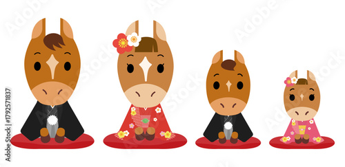 着物を着たウマの家族　セット