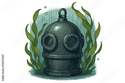 Antique metal diving helmet resting on the ocean floor among green seaweed and water bubbles