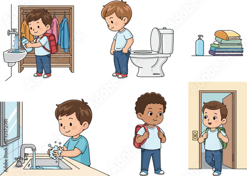 Children practicing hygiene and daily routines, vector illustration for health education, school preparation, and personal care concept