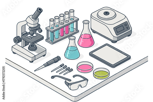 Isometric scientific laboratory equipment and tools for research and experiments