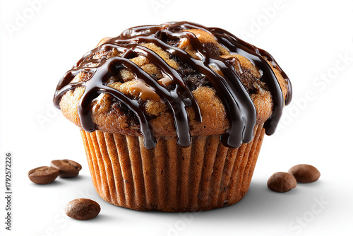 Freshly baked coffee muffin topped with mocha drizzle isolated on white background for design use