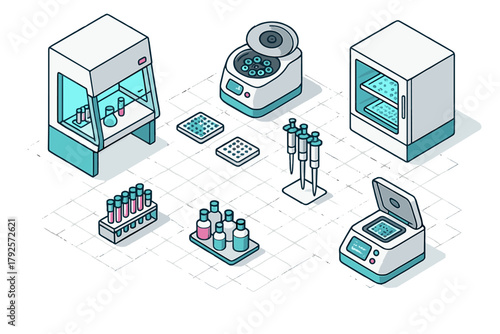 Isometric laboratory equipment set featuring centrifuge, biosafety cabinet, test tubes, and pipettes for scientific research