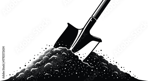Black and white shovel vector illustration showing digging tool used in gardening, construction, and agriculture. Perfect for work, labor, soil, and outdoor design projects.