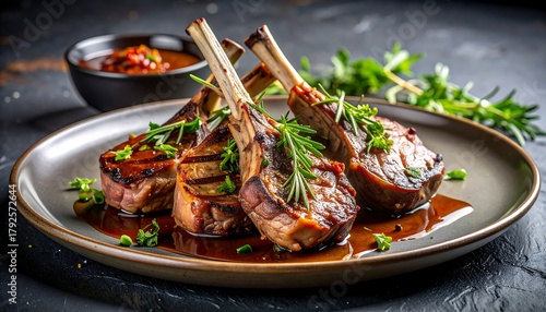 Cooked lamb chops on a gray plate, garnished with green herbs and sauce, sitting on dark mottled surface