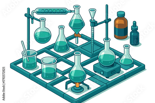 Isometric arrangement of chemistry laboratory tools and glassware for scientific research