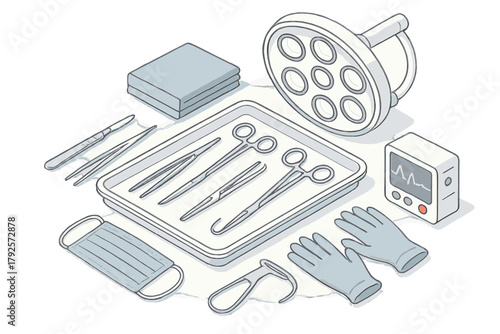 Isometric view of surgical instruments and medical equipment set for hospital procedure