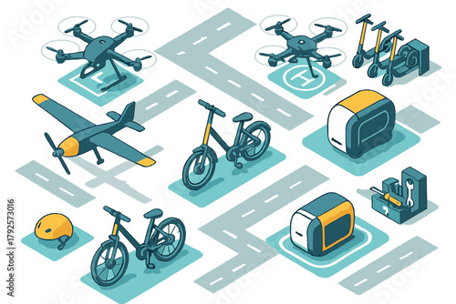 Diverse collection of urban mobility and logistics vehicles in an isometric layout