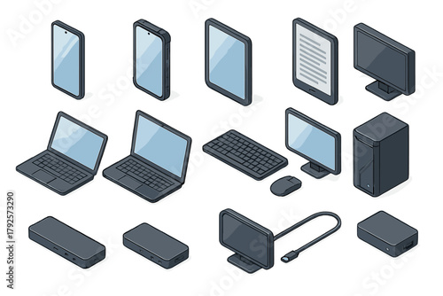 Isometric collection of modern technology devices, computers, smartphones, tablets, and peripherals