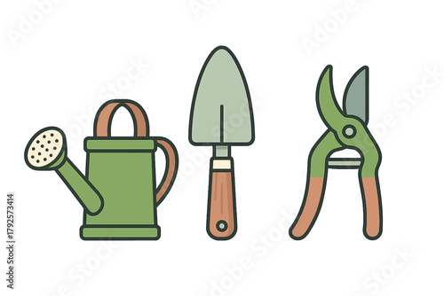 Essential gardening equipment set with watering can, hand trowel, and pruning shears