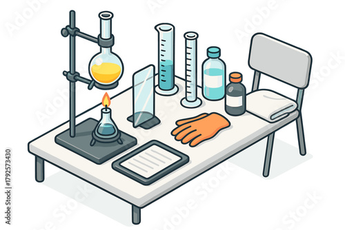 Chemistry laboratory workbench with glassware, chemicals, and heating apparatus