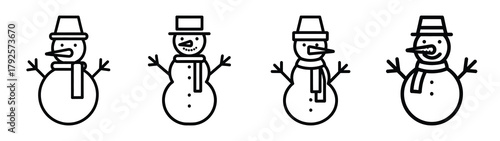 snowman line art icon set. Christmas outline Vector illustration icons.