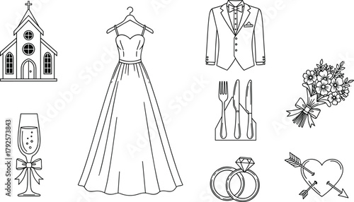 Wedding icon set, black and white illustration, bridal dress, groom suit, rings, bouquet, church, celebration symbols, romantic elements
