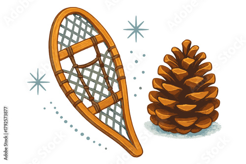 Traditional wooden snowshoe and large brown pine cone representing winter nature and outdoor recreation
