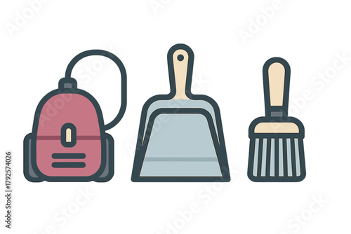 Set of essential household cleaning tools including vacuum cleaner dustpan and brush