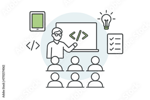 Professional instructor teaching programming concepts to an audience during a software development workshop or training session