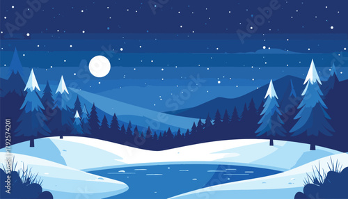 Winter Night Mountain Landscape Vector 