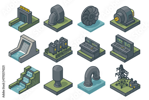 Isometric set of industrial power generation and hydroelectric facility components