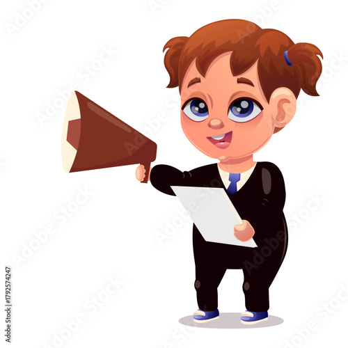 Vector illustration of a successful employee. Employee, office, joy, growth, schedule, computer, table, coffee, development, success