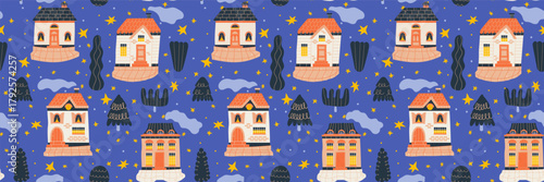 Scandinavian night simples pattern neighborhood with modern tiny houses in stars.
