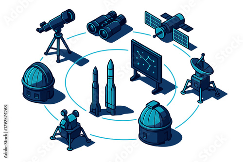 Astronomy and space exploration equipment including rockets, satellites, and observatories