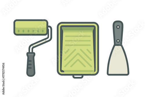 Essential tools for home renovation and wall painting including roller, tray, and putty knife