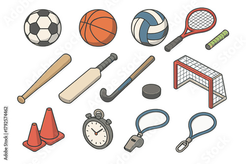 Isometric set of essential athletic gear and accessories for team and individual sports training