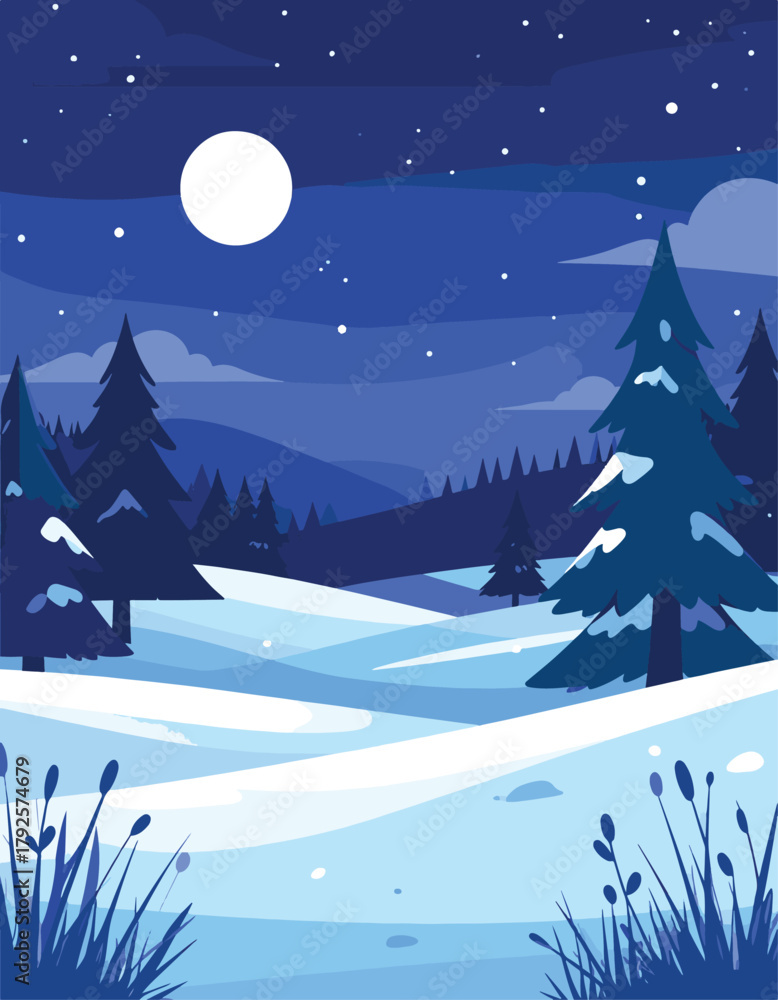 Fototapeta premium Winter Night Mountain Landscape Vector 