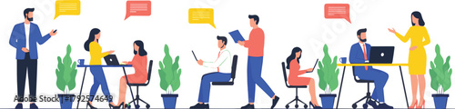 Collaborative office workspace illustration, six professionals in business attire, teamwork and communication concept, modern environment, vector design, speech bubbles