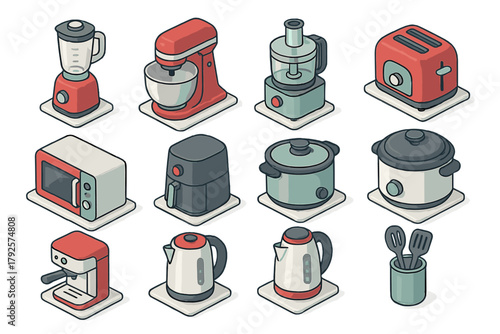 Modern isometric kitchen appliances set featuring blender, mixer, toaster, microwave, and coffee maker