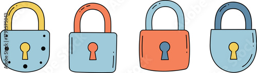 Colorful padlock illustration set with four unique designs and keyholes, cartoon-style security vector, access and protection concept