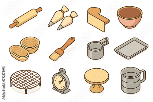Isometric icons of essential kitchen tools for baking bread, cakes, and pastries