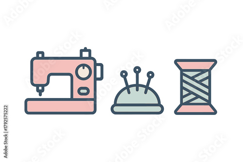 Sewing and tailoring tools set featuring machine, pincushion, and thread spool