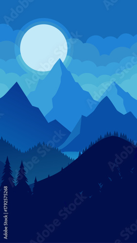 A landscape of mountains under a moonlit sky at night