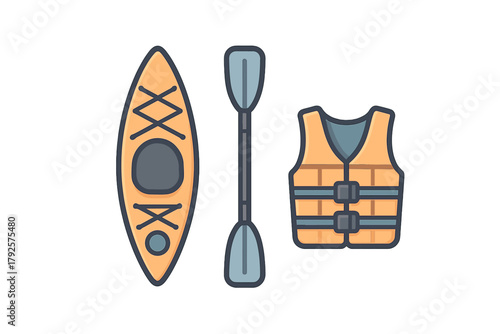 Kayaking equipment set including boat, double-bladed paddle, and life jacket