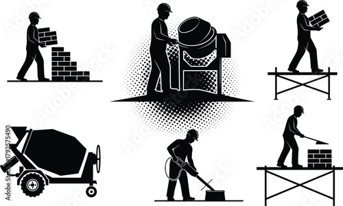 Construction activity icon set with workers, bricks, cement mixer, and scaffold, black-and-white vector design for masonry and labor concept