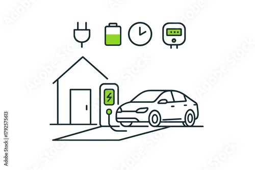 Electric car charging station at home with energy and time related icons