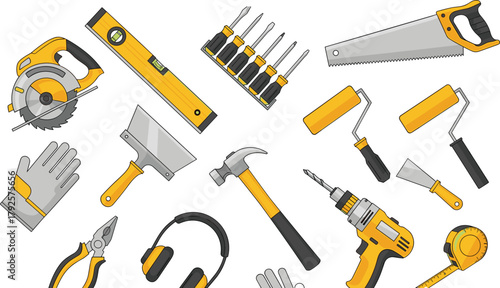 Construction tool icon set, vector illustration of hand and power tools, DIY equipment, carpentry gear, home improvement, scattered layout design