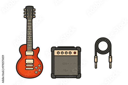 Essential equipment for rock music performance featuring electric guitar, amplifier, and audio cable
