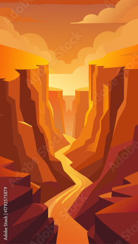 Illustration of a canyon with a river and orange sky