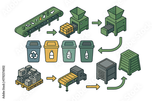 Industrial recycling process flow showing waste sorting, crushing, and manufacturing of new consumer goods