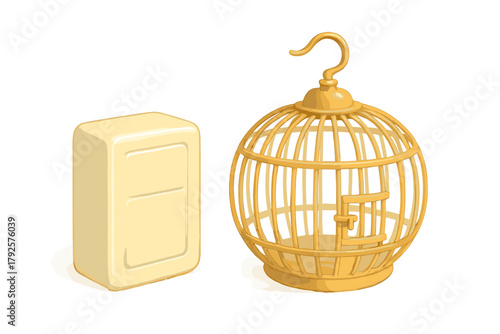 Golden round birdcage next to a smooth rectangular block on white background