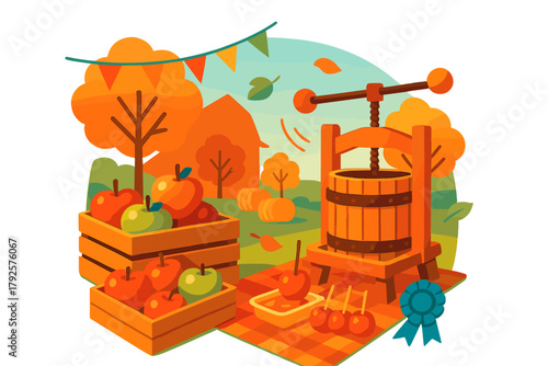 Traditional cider press and fresh apples in crates surrounded by autumn foliage and festive decorations