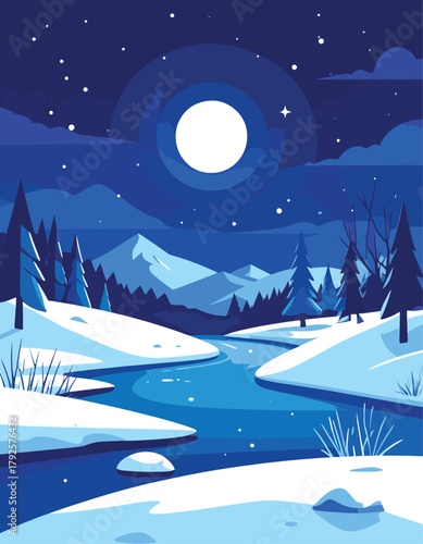 Winter Night Mountain Landscape Vector 
