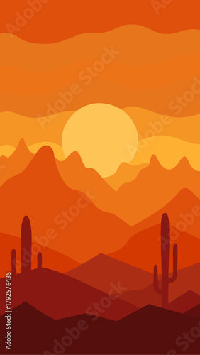 Illustration of desert landscape with sun and cacti